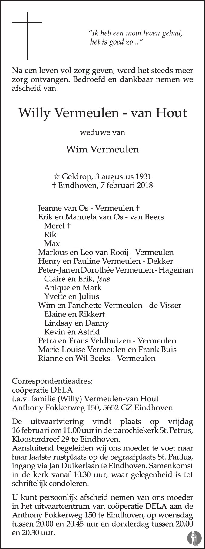Overlijdensbericht van Willy Vermeulen - van Hout in Eindhovens Dagblad