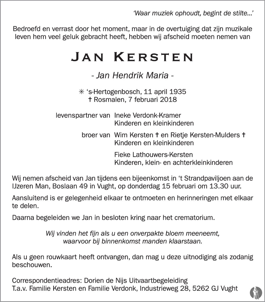 Jan Hendrik Maria (Jan) Kersten 07-02-2018 overlijdensbericht en ...