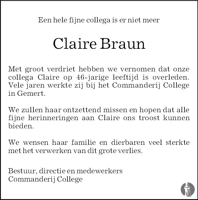 Overlijdensbericht van Claire  Braun in Eindhovens Dagblad