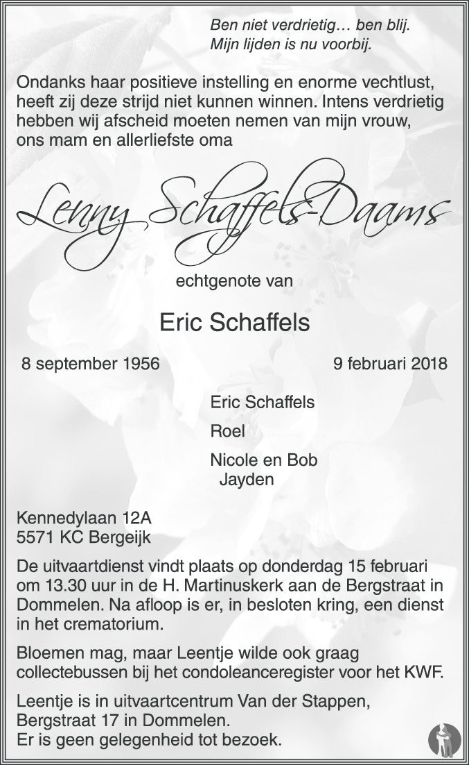 Overlijdensbericht van Lenny Schaffels - Daams in Eindhovens Dagblad