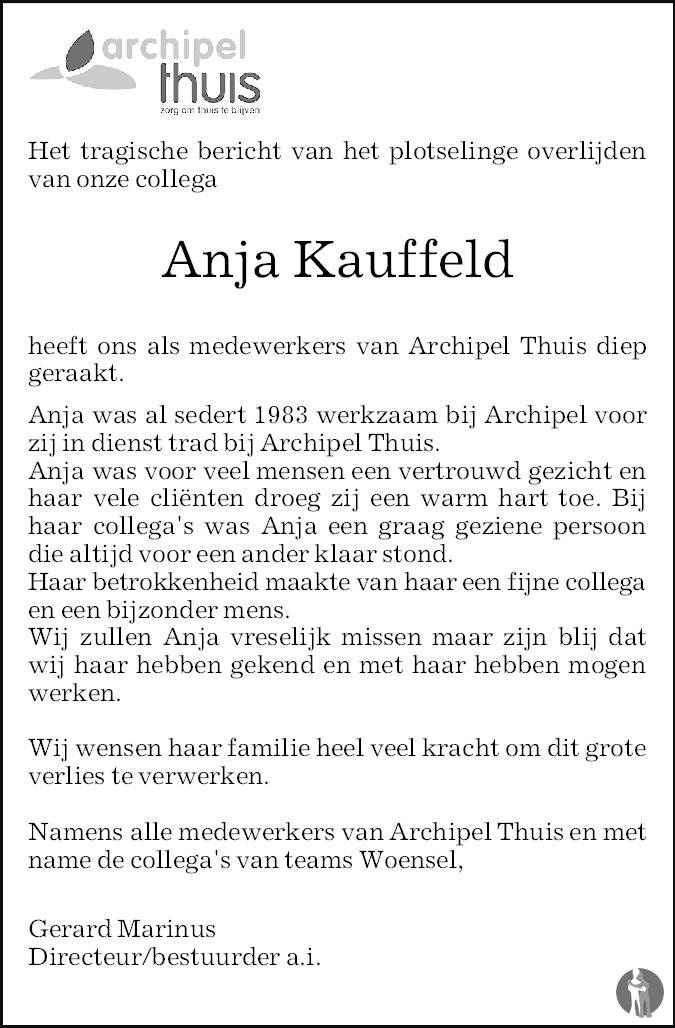 Overlijdensbericht van Anja Kauffeld in Eindhovens Dagblad
