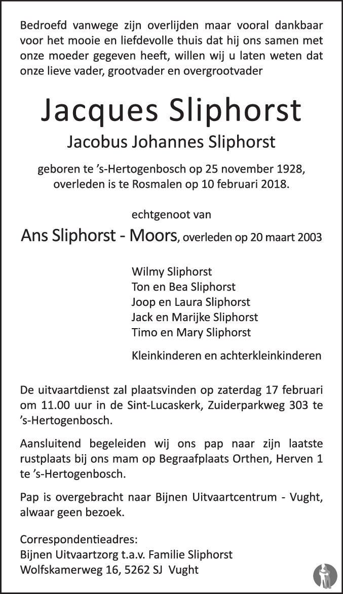 Overlijdensbericht van Jacobus Johannes (Jacques) Sliphorst in Brabants Dagblad