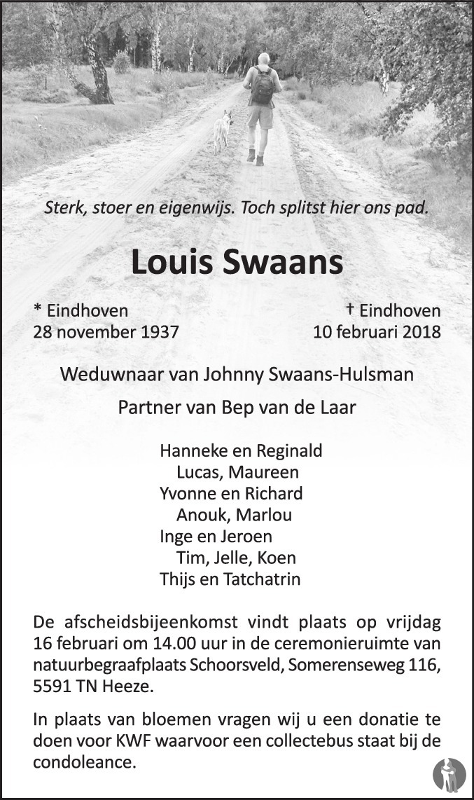 Overlijdensbericht van Louis Swaans in Eindhovens Dagblad