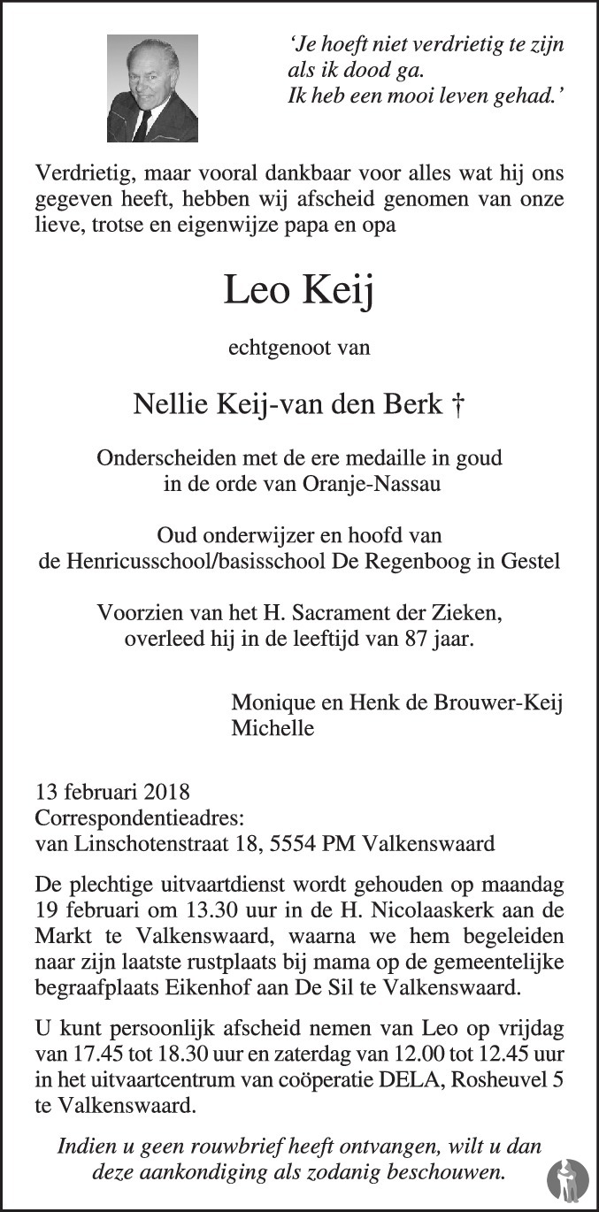 Overlijdensbericht van Leo Keij in Eindhovens Dagblad