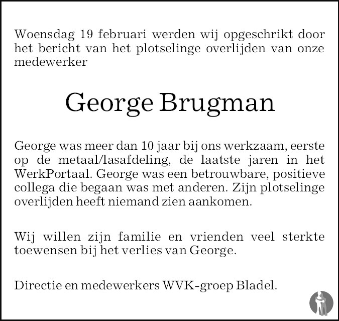 Overlijdensbericht van George Brugman in Eindhovens Dagblad