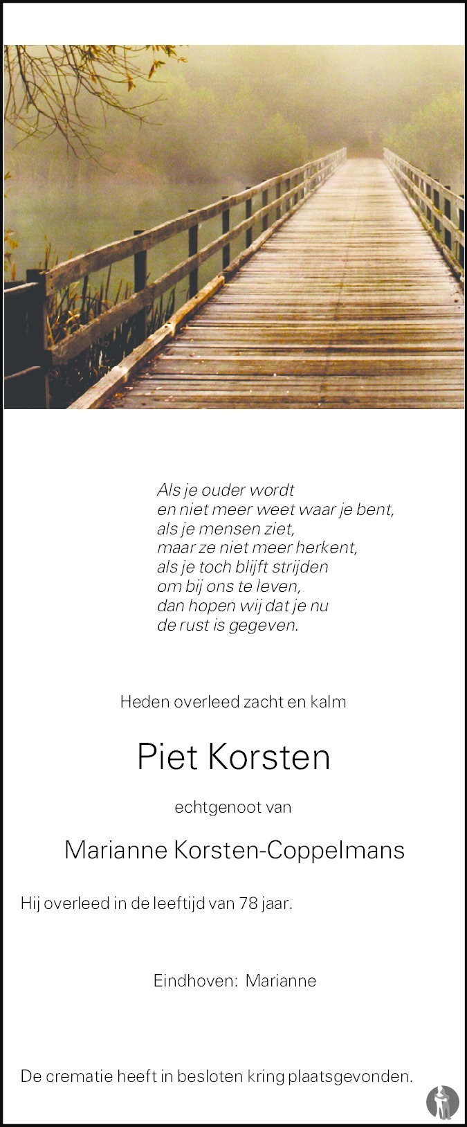 Overlijdensbericht van Piet  Korsten in Eindhovens Dagblad