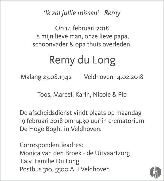 Overlijdensbericht van Remy du Long in Eindhovens Dagblad