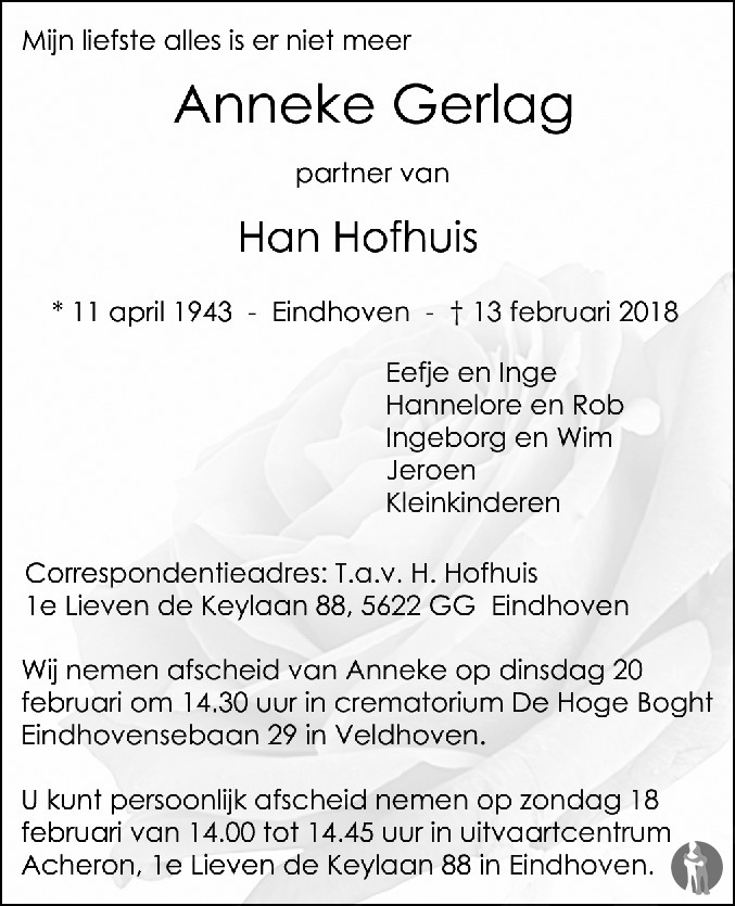 Overlijdensbericht van Anneke Gerlag in Eindhovens Dagblad