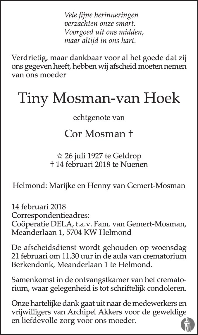 Overlijdensbericht van Tiny  Mosman - van Hoek in Eindhovens Dagblad