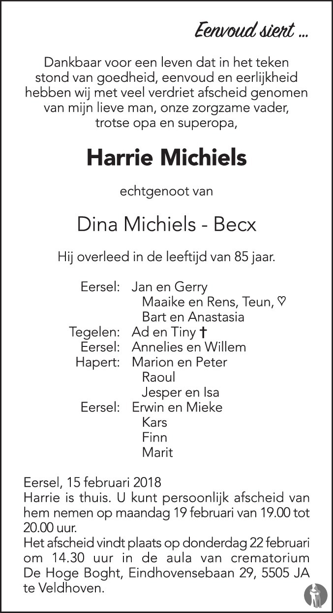 Overlijdensbericht van Harrie Michiels in Eindhovens Dagblad