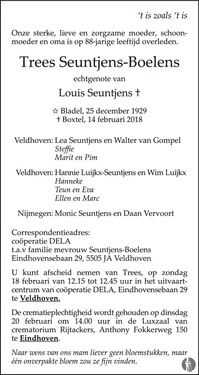 Overlijdensbericht van Trees Seuntjens - Boelens in Eindhovens Dagblad