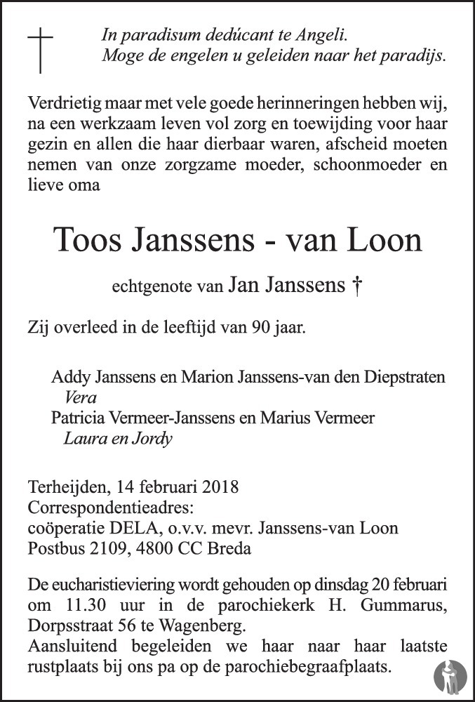 Toos Janssens - van Loon 14-02-2018 overlijdensbericht en condoleances ...