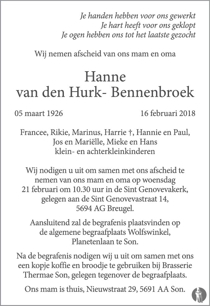 Overlijdensbericht van Hanne van den Hurk - Bennenbroek in Eindhovens Dagblad