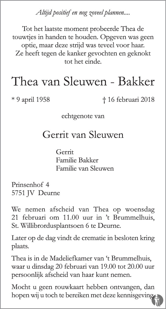 Overlijdensbericht van Thea van Sleuwen - Bakker in Eindhovens Dagblad