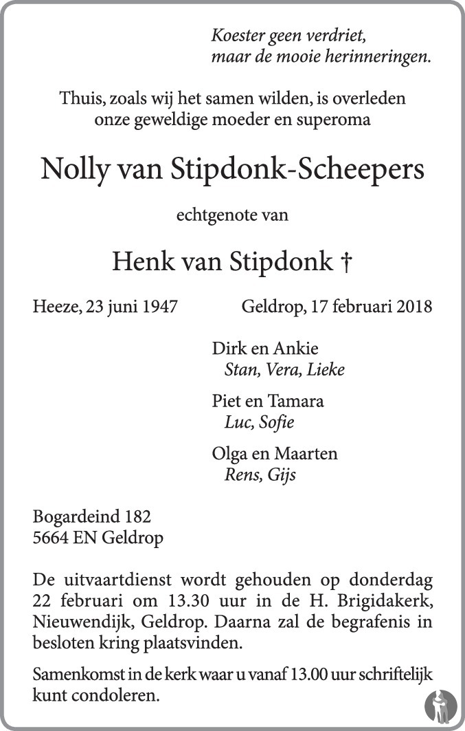 Overlijdensbericht van Nolly van Stipdonk - Scheepers in Eindhovens Dagblad