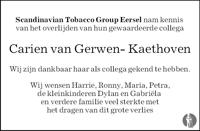 Overlijdensbericht van Carien van Gerwen - Kaethoven in Eindhovens Dagblad