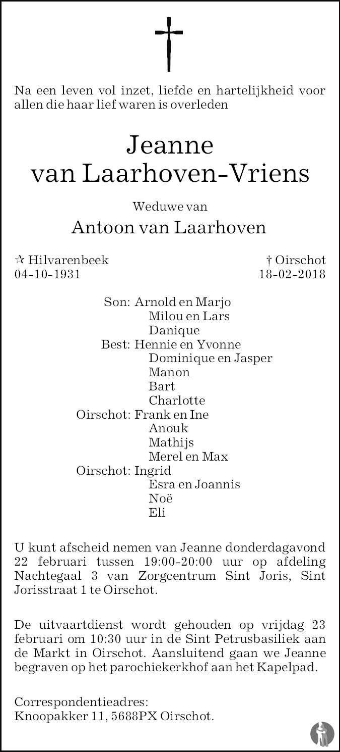 Overlijdensbericht van Jeanne van Laarhoven - Vriens in Eindhovens Dagblad