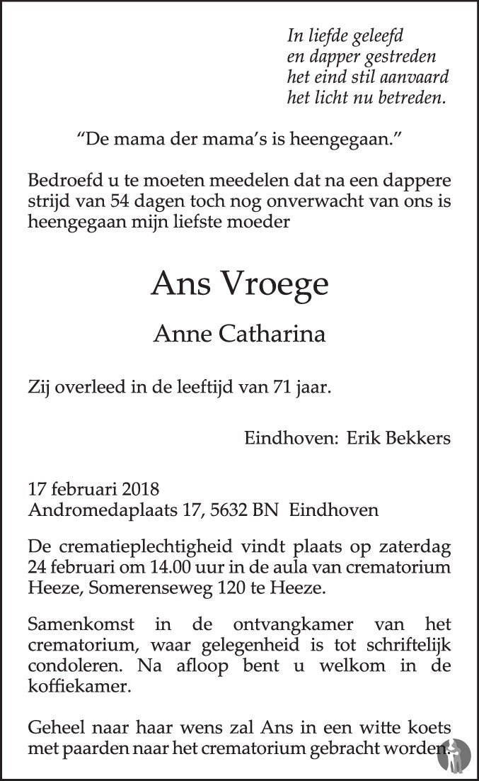 Overlijdensbericht van Anne Catharina (Ans) Vroege in Eindhovens Dagblad