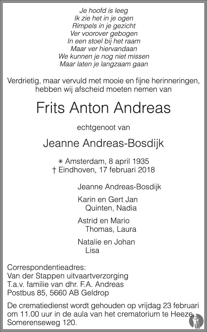 Overlijdensbericht van Frits Anton Andreas in Eindhovens Dagblad
