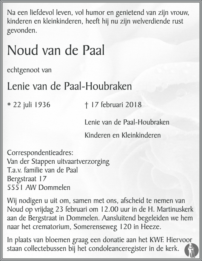 Overlijdensbericht van Noud van de Paal in Eindhovens Dagblad