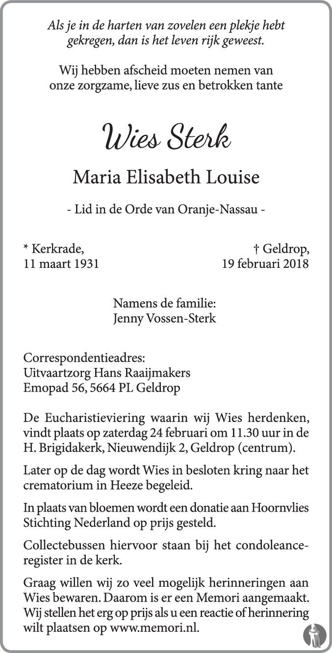Overlijdensbericht van Maria Elisabeth Louise (Wies) Sterk in Eindhovens Dagblad