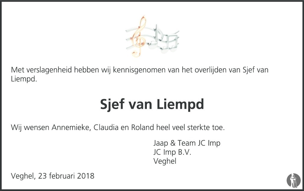 Overlijdensbericht van Lambertus Josephus Johannes (Sjef) van Liempd in Brabants Dagblad