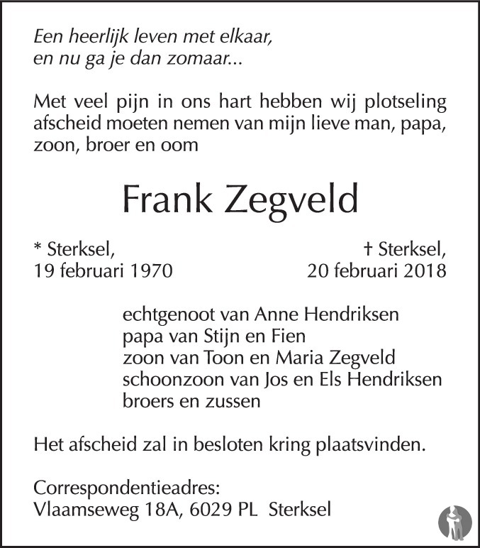 Overlijdensbericht van Frank Zegveld in Eindhovens Dagblad