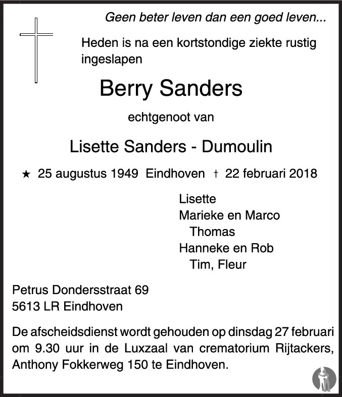 Overlijdensbericht van Berry Sanders in Eindhovens Dagblad