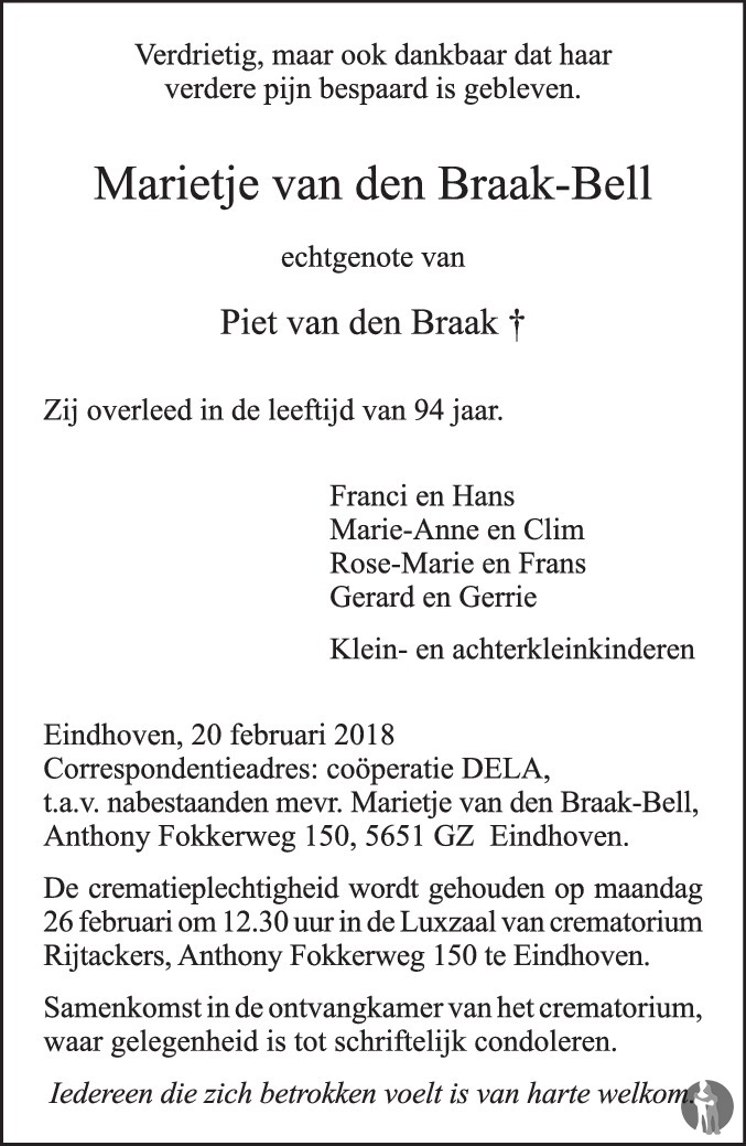Overlijdensbericht van Marietje van den Braak - Bell in Eindhovens Dagblad