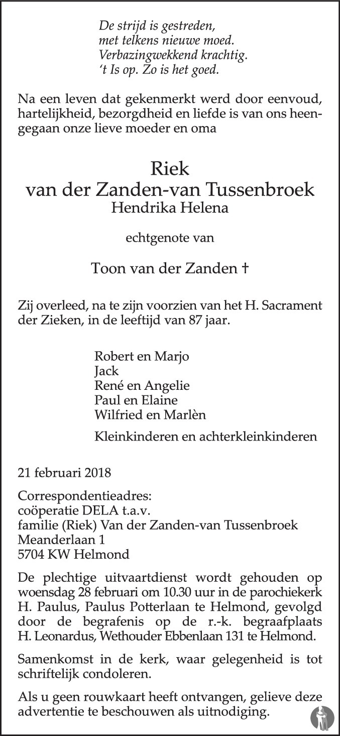 Overlijdensbericht van  Hendrika Helena (Riek) van der Zanden - van Tussenbroek in Eindhovens Dagblad
