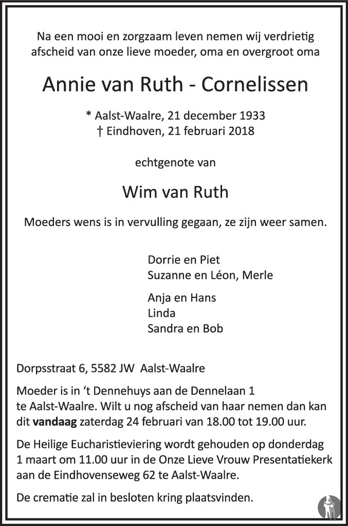 Overlijdensbericht van Annie van Ruth - Cornelissen in Eindhovens Dagblad
