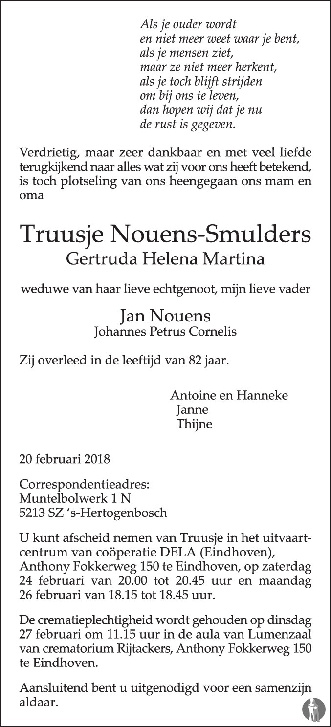 Overlijdensbericht van Gertruda Helena Martina (Truusje) Nouens - Smulders in Eindhovens Dagblad