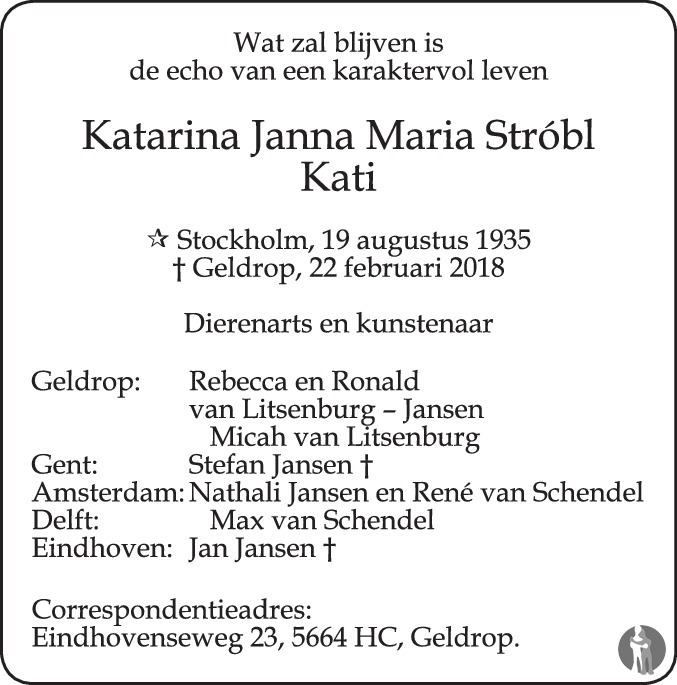 Overlijdensbericht van Katarina Janna Maria (Kati) Stróbl in Eindhovens Dagblad