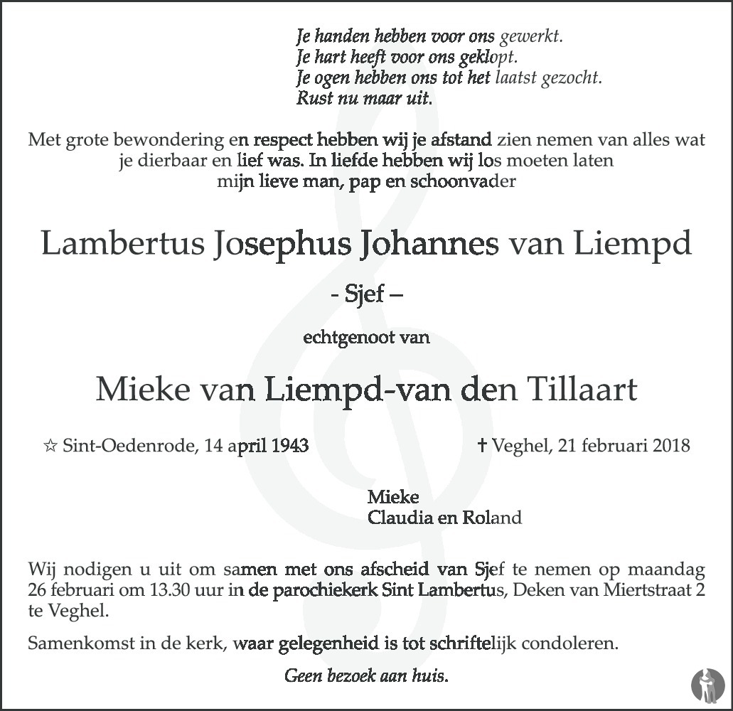 Overlijdensbericht van Lambertus Josephus Johannes (Sjef) van Liempd in Eindhovens Dagblad