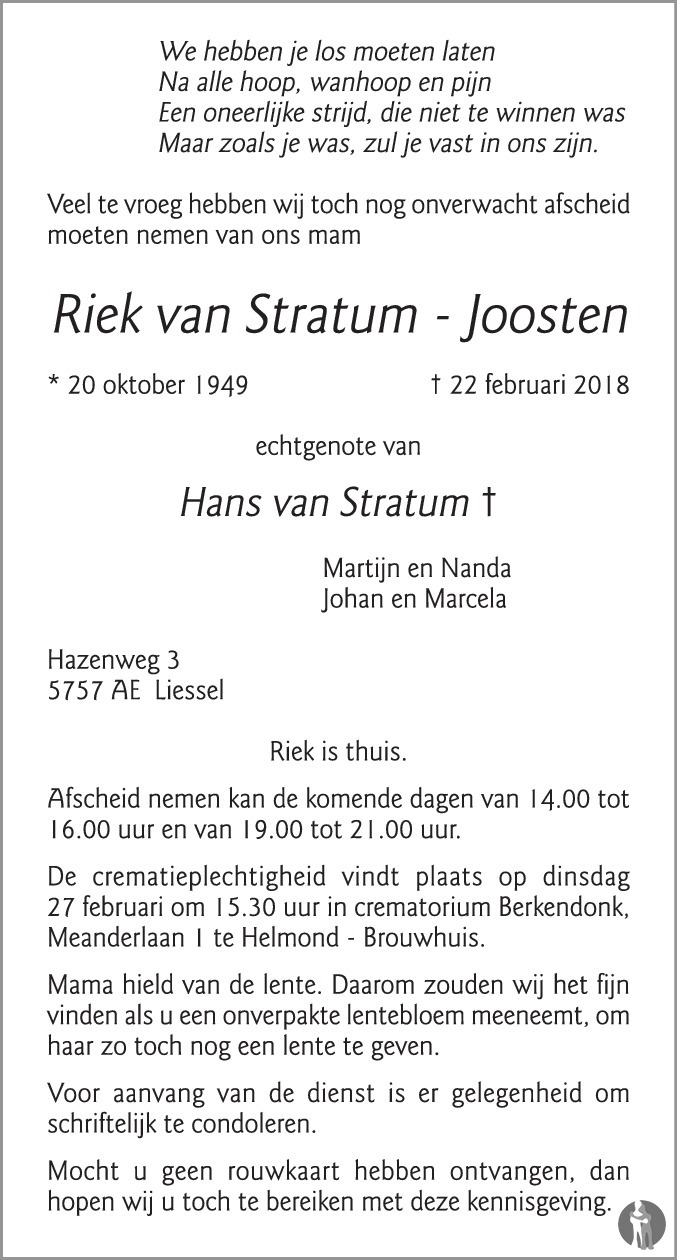 Overlijdensbericht van Riek van Stratum - Joosten in Eindhovens Dagblad