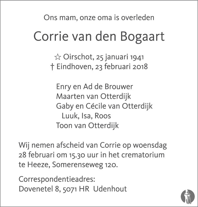 Overlijdensbericht van Corrie van den Bogaart in Eindhovens Dagblad