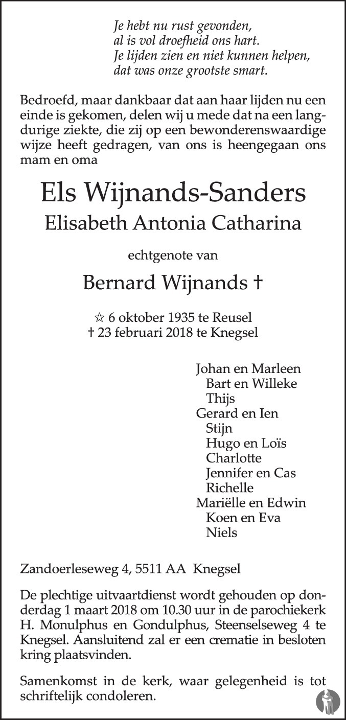 Overlijdensbericht van Elisabeth Antonia Catharina (Els) Wijnands - Sanders in Eindhovens Dagblad