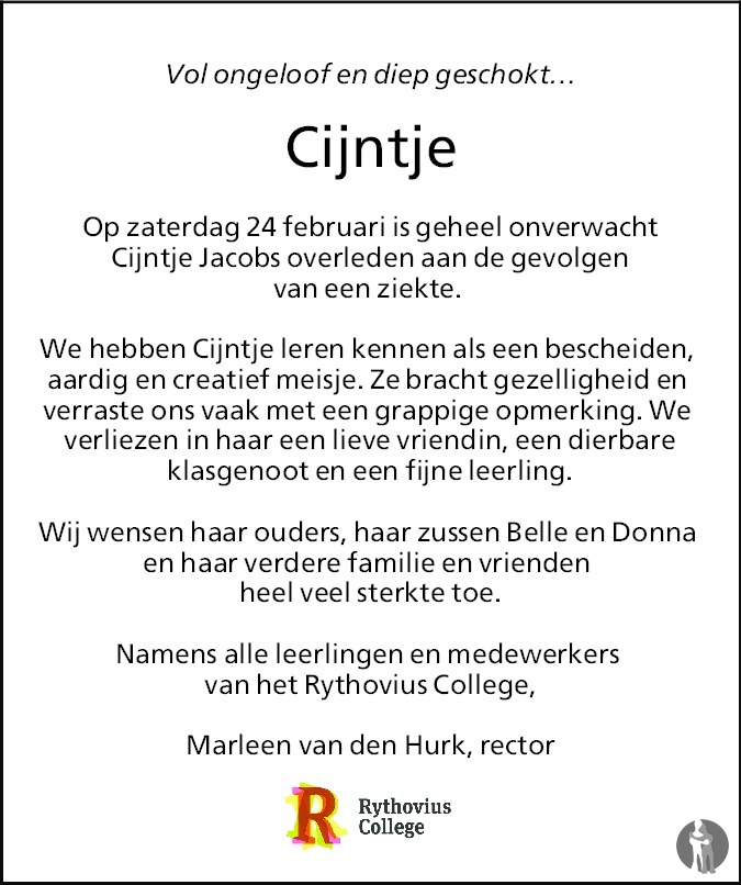 Overlijdensbericht van Cijntje Jacobs in Eindhovens Dagblad
