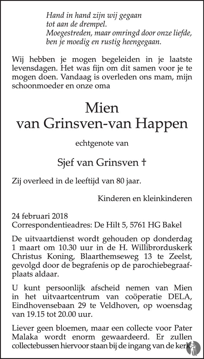 Overlijdensbericht van Mien van Grinsven - van Happen in Eindhovens Dagblad