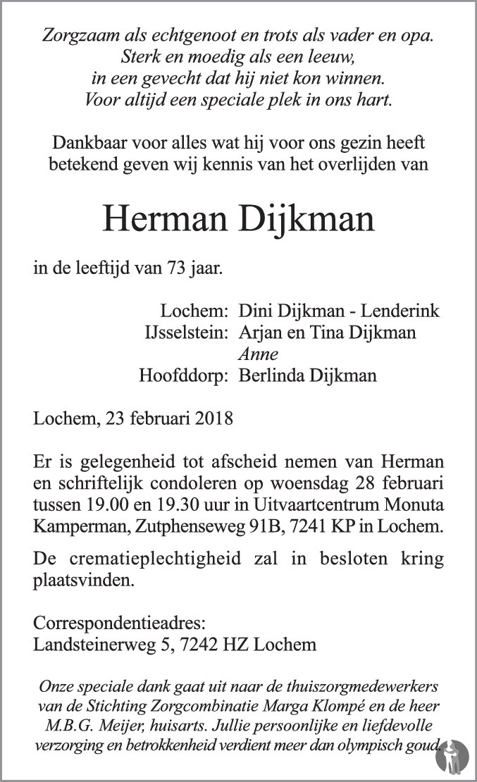 Herman Dijkman 23-02-2018 overlijdensbericht en condoleances ...