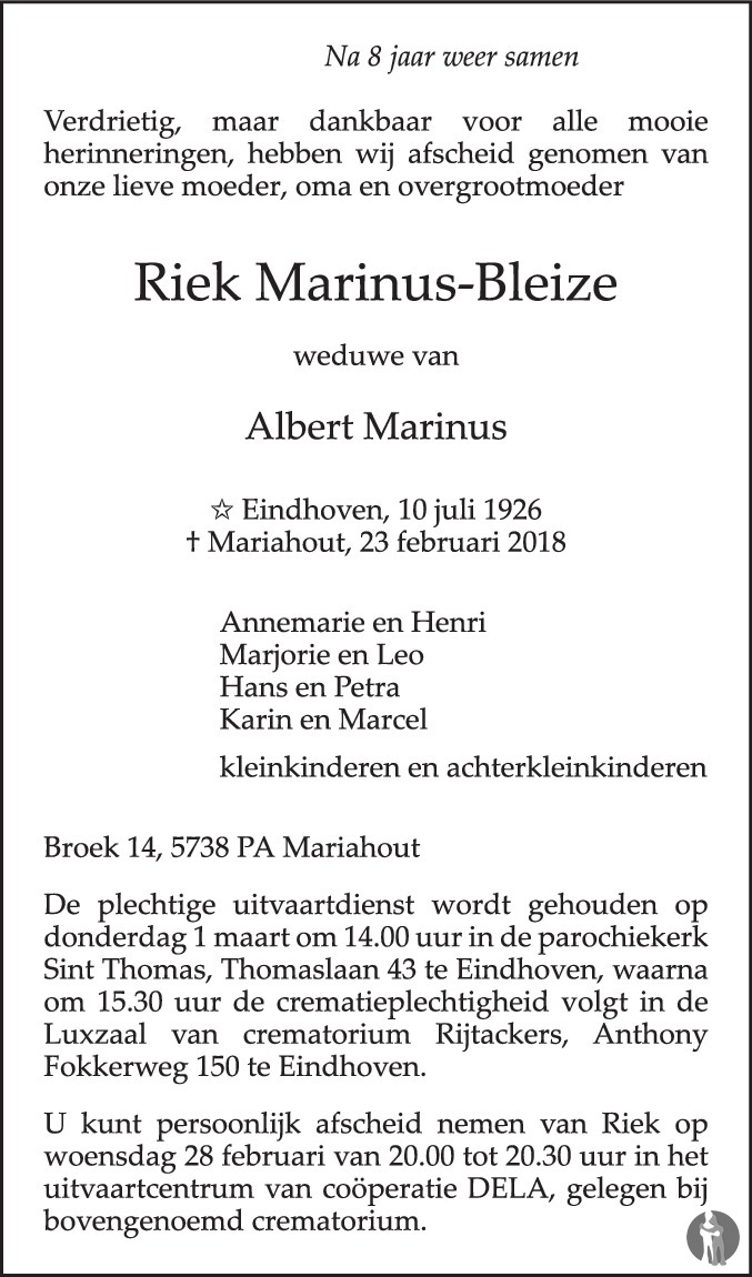 Overlijdensbericht van Riek Marinus - Bleize in Eindhovens Dagblad