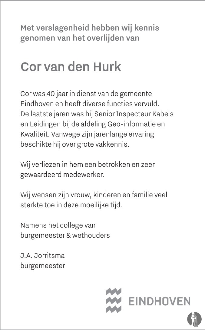 Overlijdensbericht van Cor van den Hurk in Eindhovens Dagblad