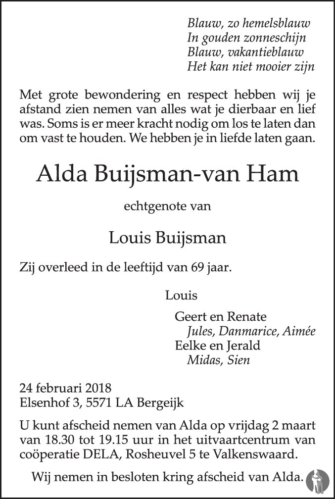 Overlijdensbericht van Alda Buijsman - van Ham in Eindhovens Dagblad