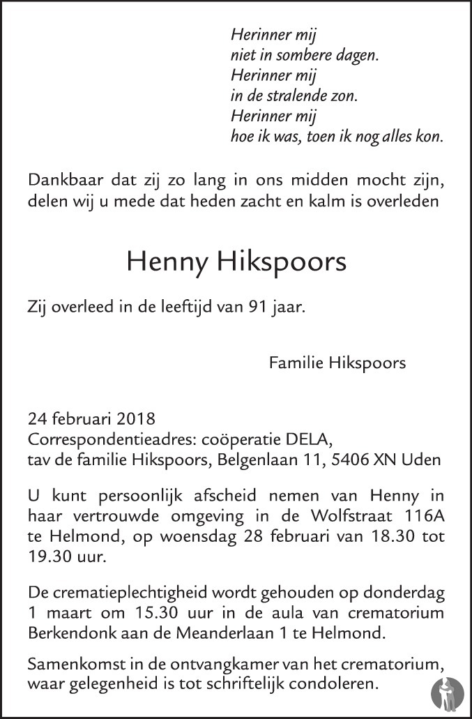 Overlijdensbericht van Henny Hikspoors in Eindhovens Dagblad