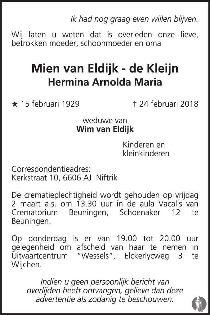 Overlijdensbericht van Hermina Arnolda Maria (Mien) van Eldijk - de Kleijn in de Gelderlander