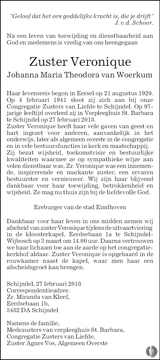 Overlijdensbericht van Johanna Maria Theodora (Zuster Veronique) van Woerkum in Eindhovens Dagblad