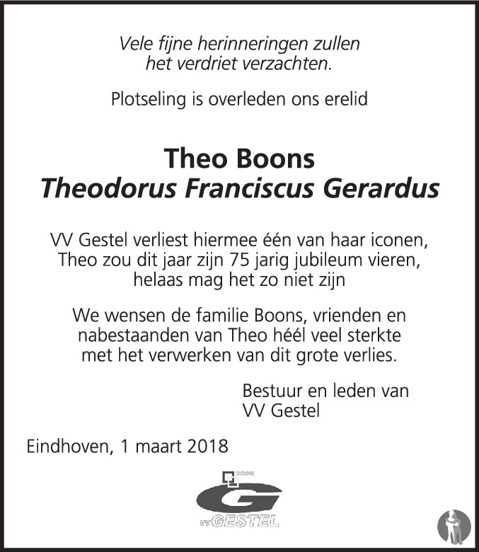 Overlijdensbericht van Theodorus Franciscus Gerardus (Theo) Boons in Eindhovens Dagblad