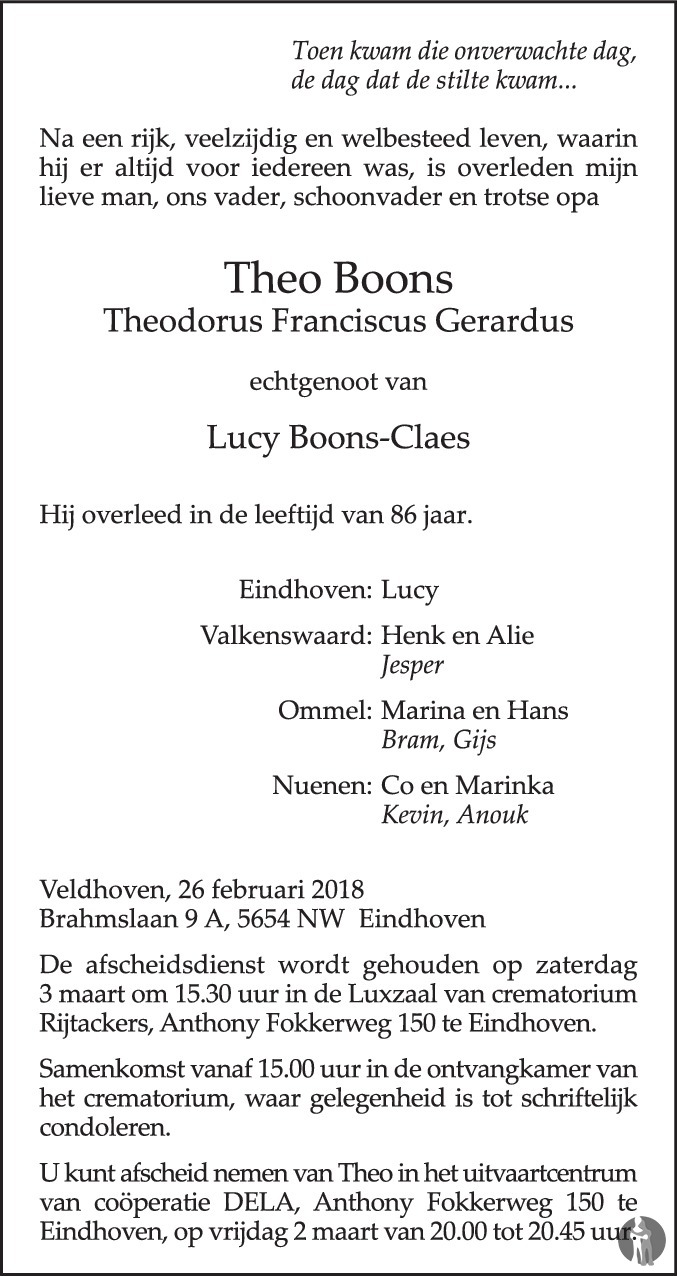 Overlijdensbericht van Theodorus Franciscus Gerardus (Theo)  Boons in Eindhovens Dagblad