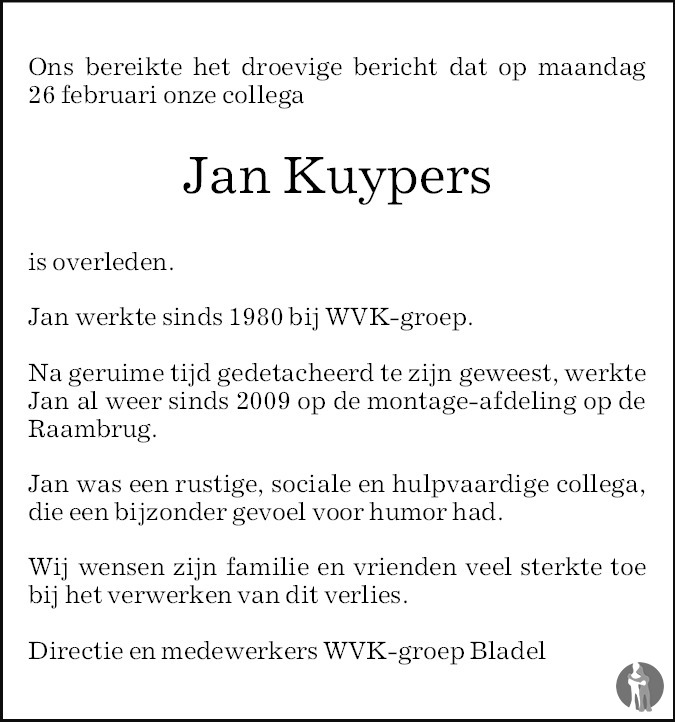 Overlijdensbericht van Jan Kuypers in Eindhovens Dagblad