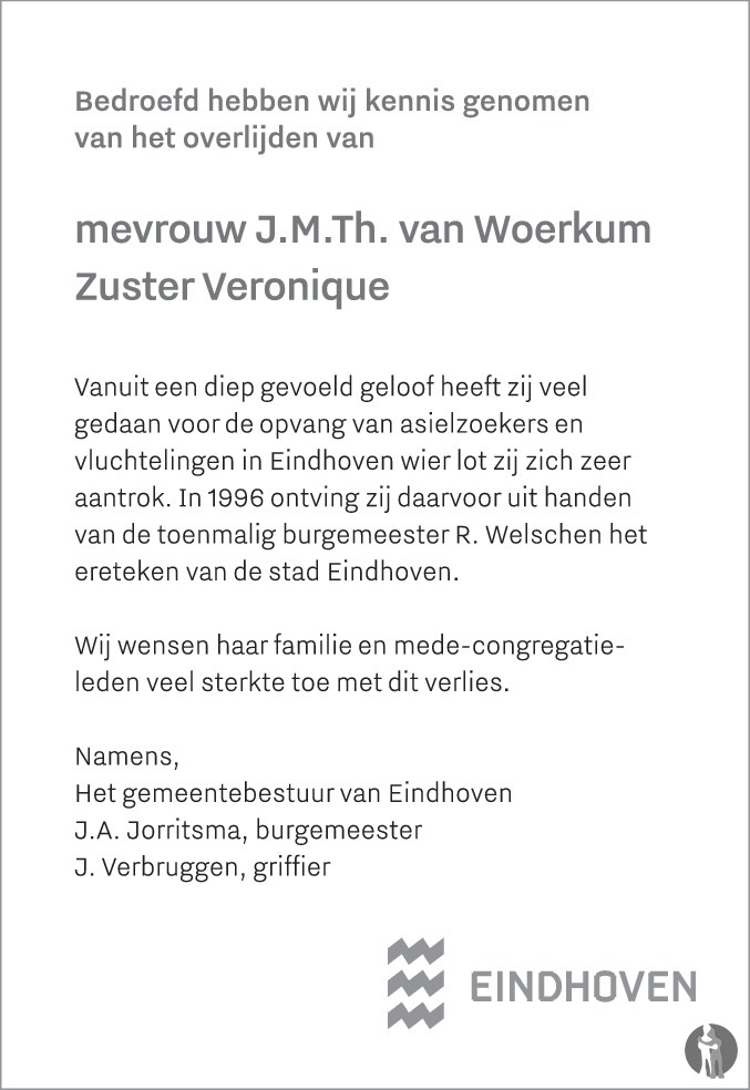 Overlijdensbericht van Johanna Maria Theodora (Zuster Veronique) van Woerkum in Eindhovens Dagblad